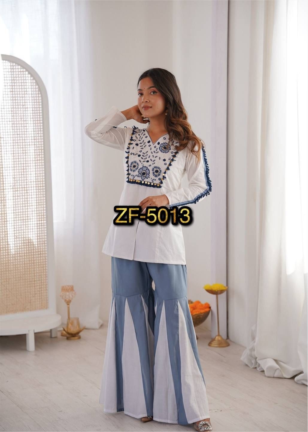ZF-5013 Pure Roman Silk Mirror Work Designer Co-ord Set
