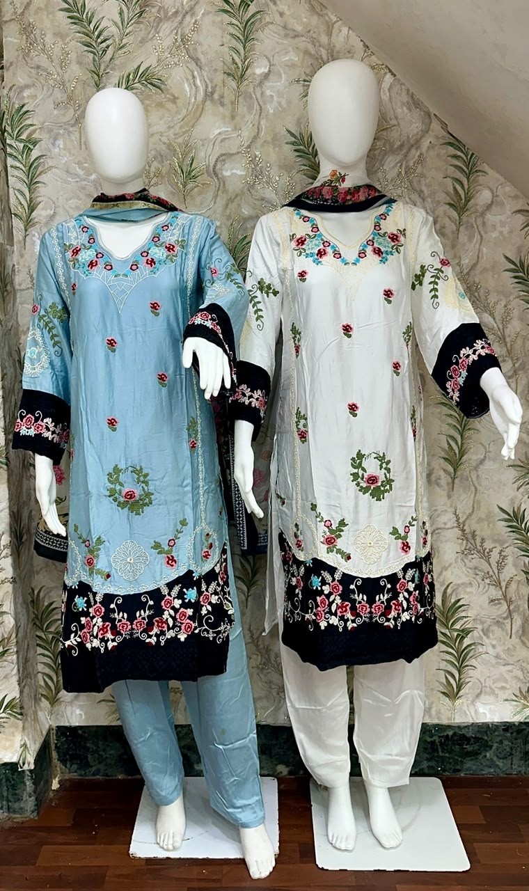 D.No. 2737 Rayon Satin Embroidered Kurti Pant Digital Dupatta Set