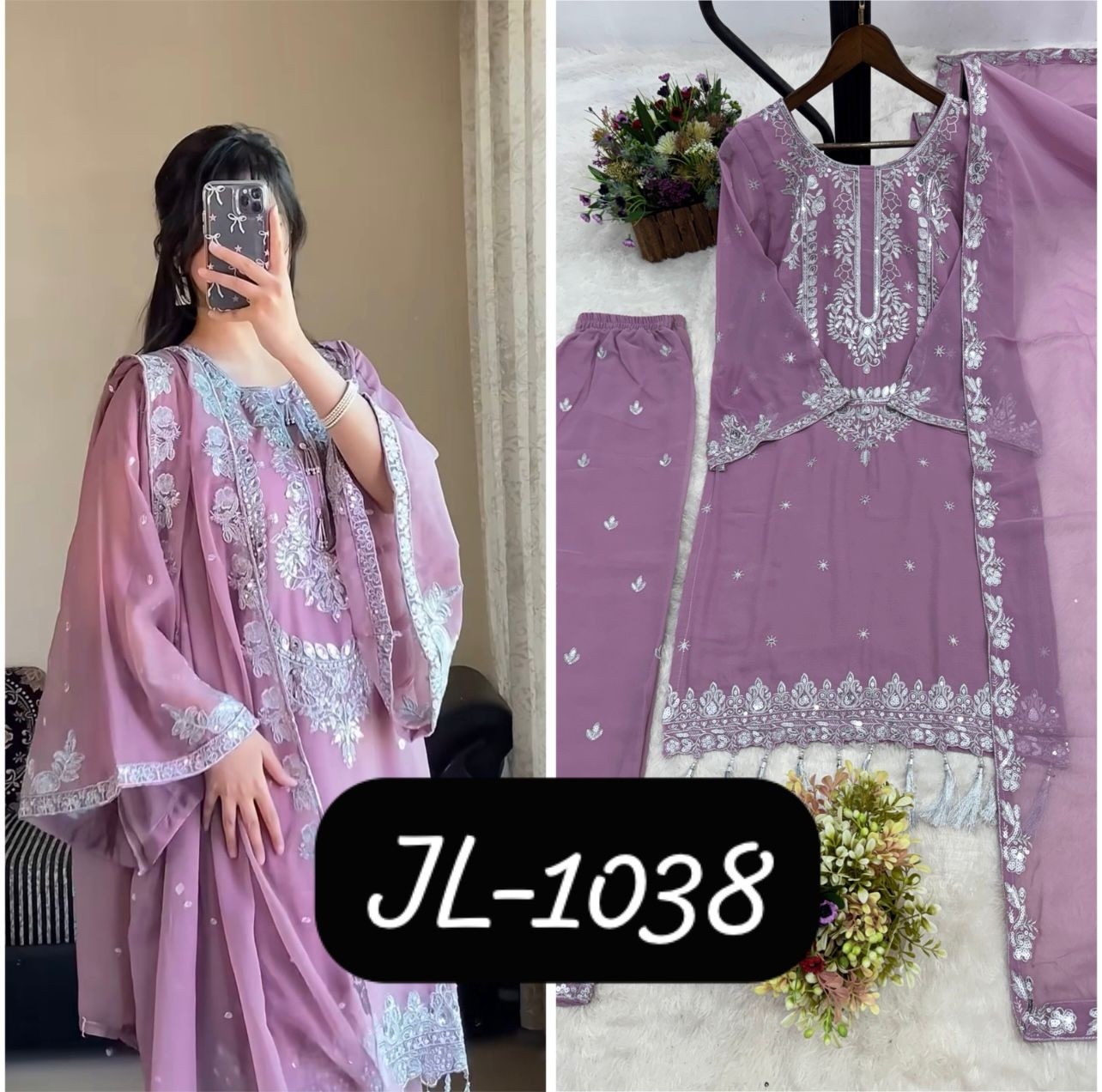 JL-1038 Faux Georgette Embroidered Sequence Kurti Palazzo Dupatta Set
