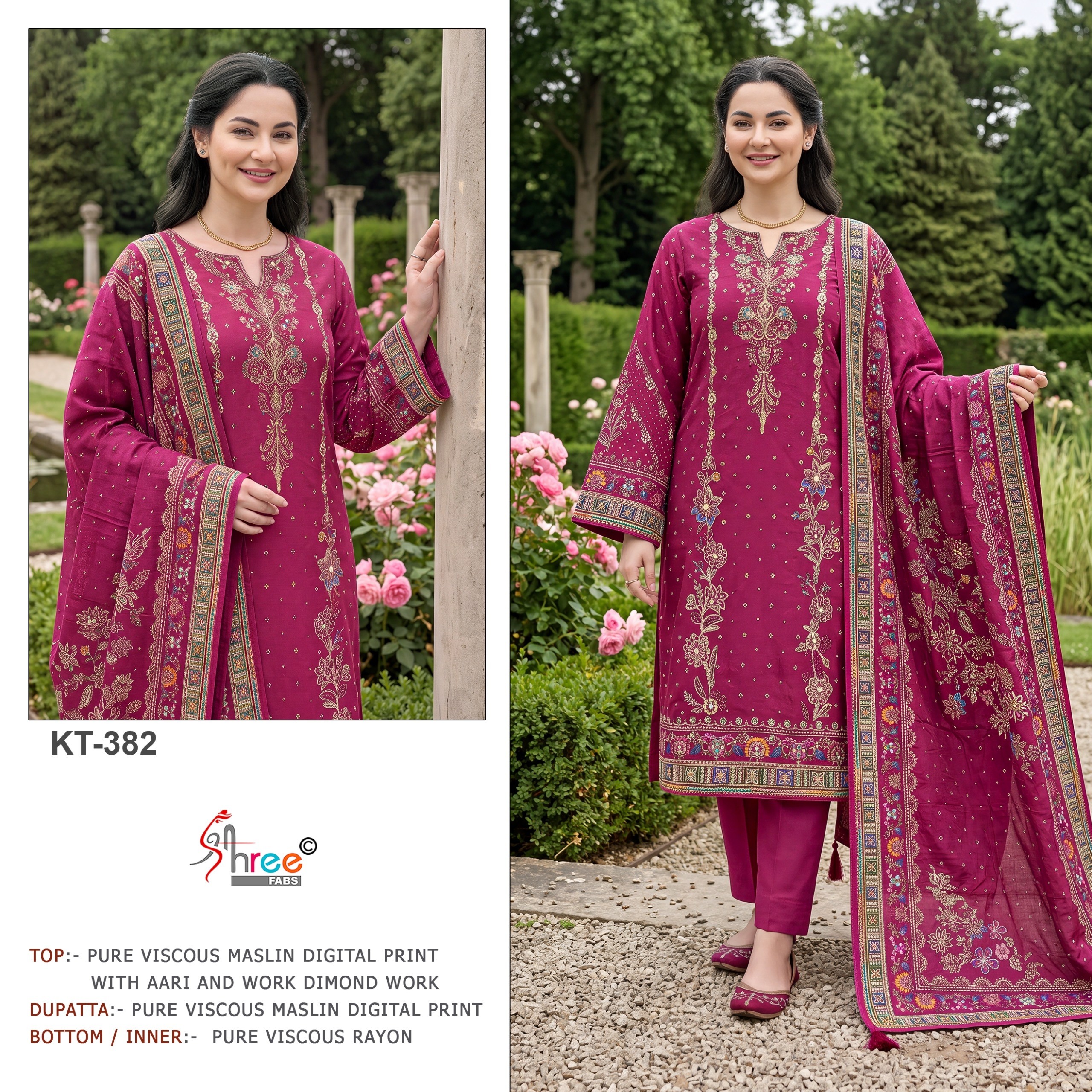 KT-373 & KT-382 Pure Viscose Maslin Digital Print Handwork Suit Set