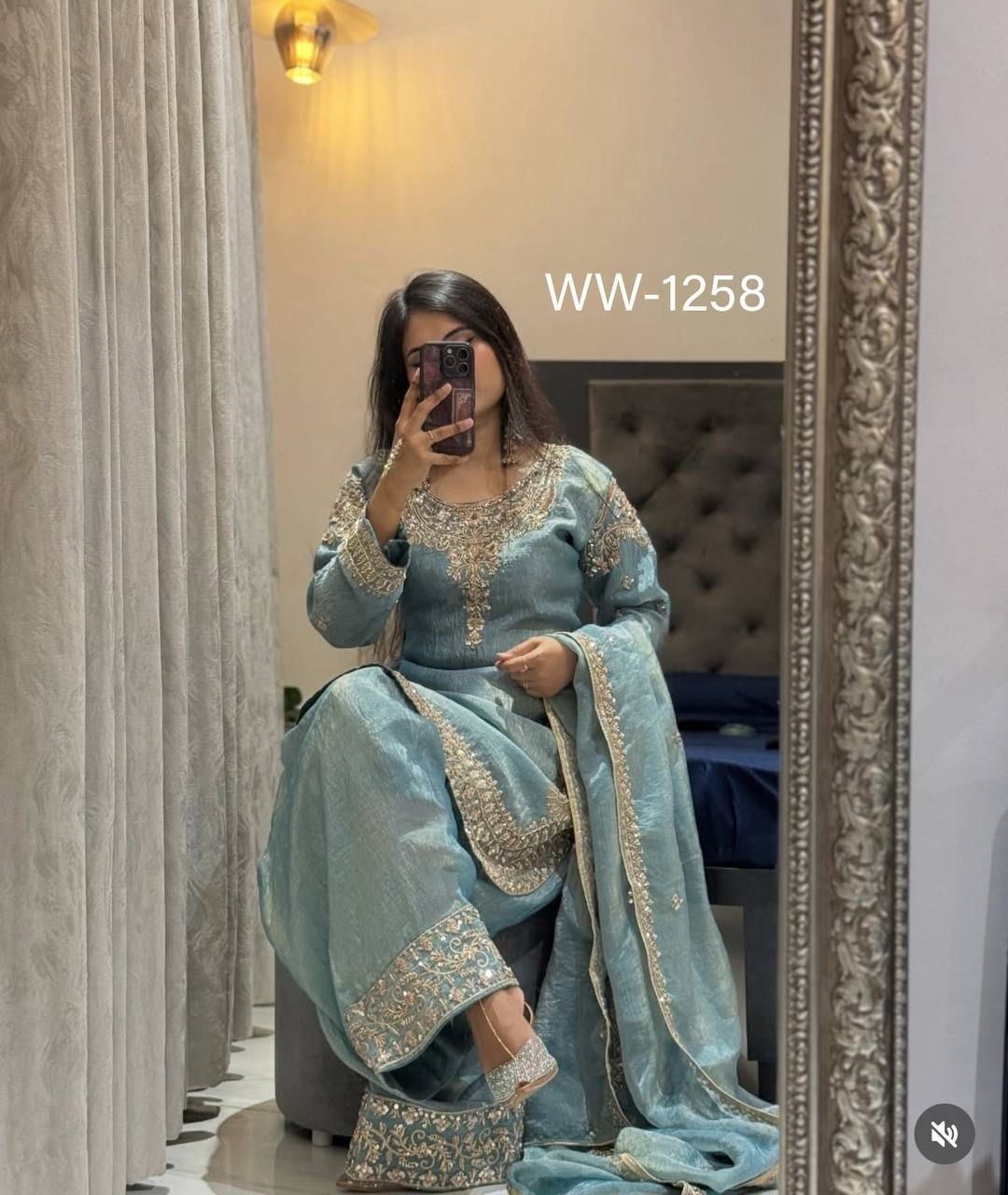 WW-1258 Zmy Chu-Silk Embroidered Sequence Top Palazzo Dupatta Set