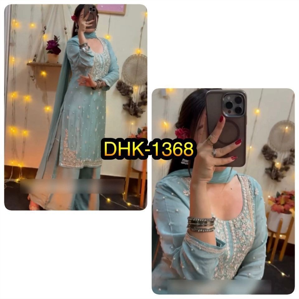 DHK-1368 Heavy Faux Georgette Embroidered Sequence Palazzo Dupatta Set