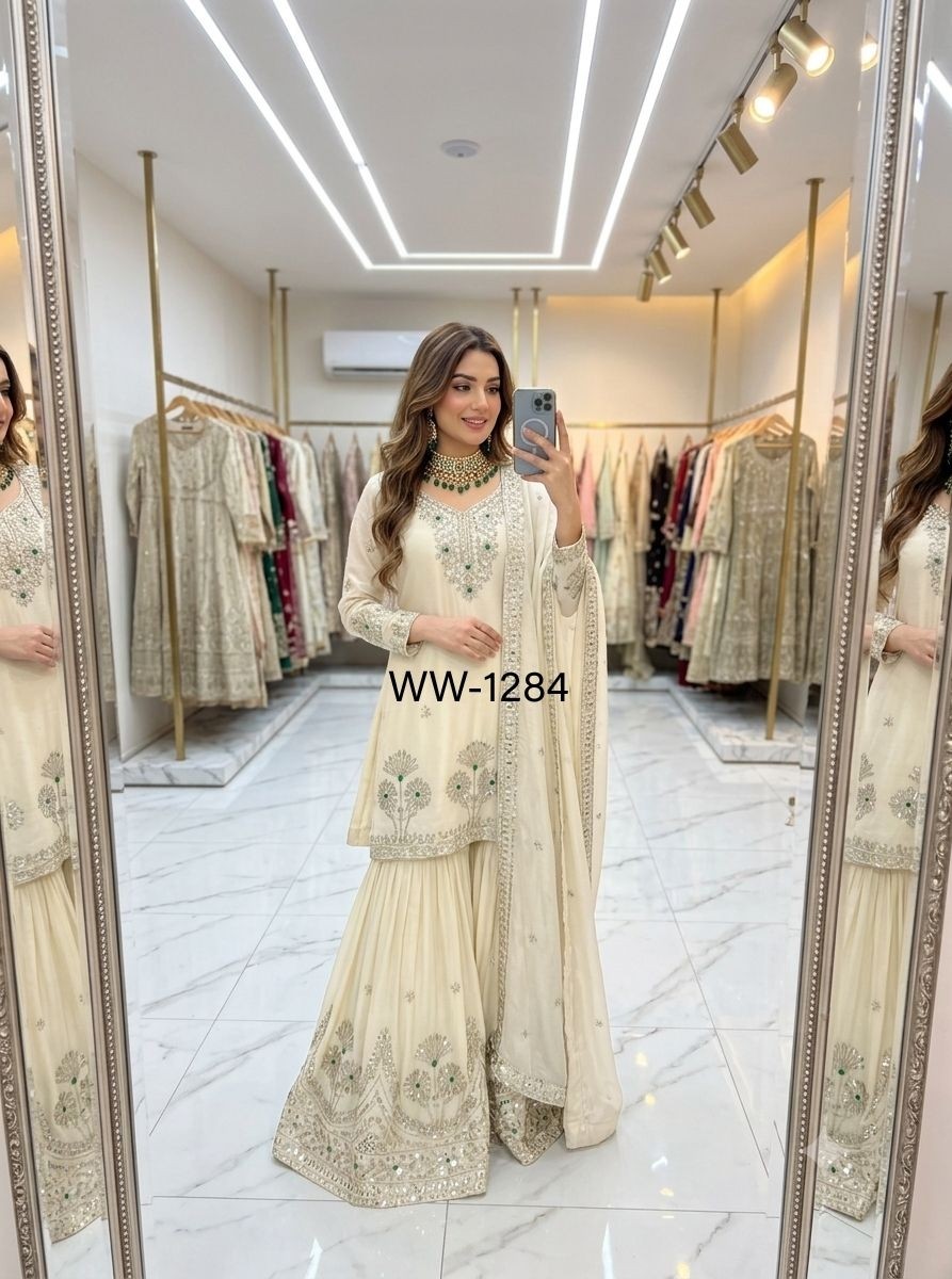 WW-1284 | Natural Satin Silk | Stone Hand Work | Ready to Wear