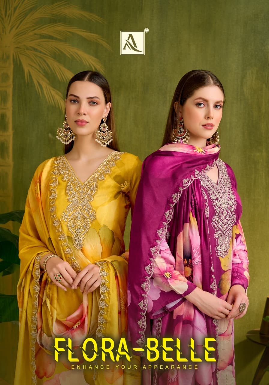 Flora Belle Premium Maslin Digital Print Embroidered Suit