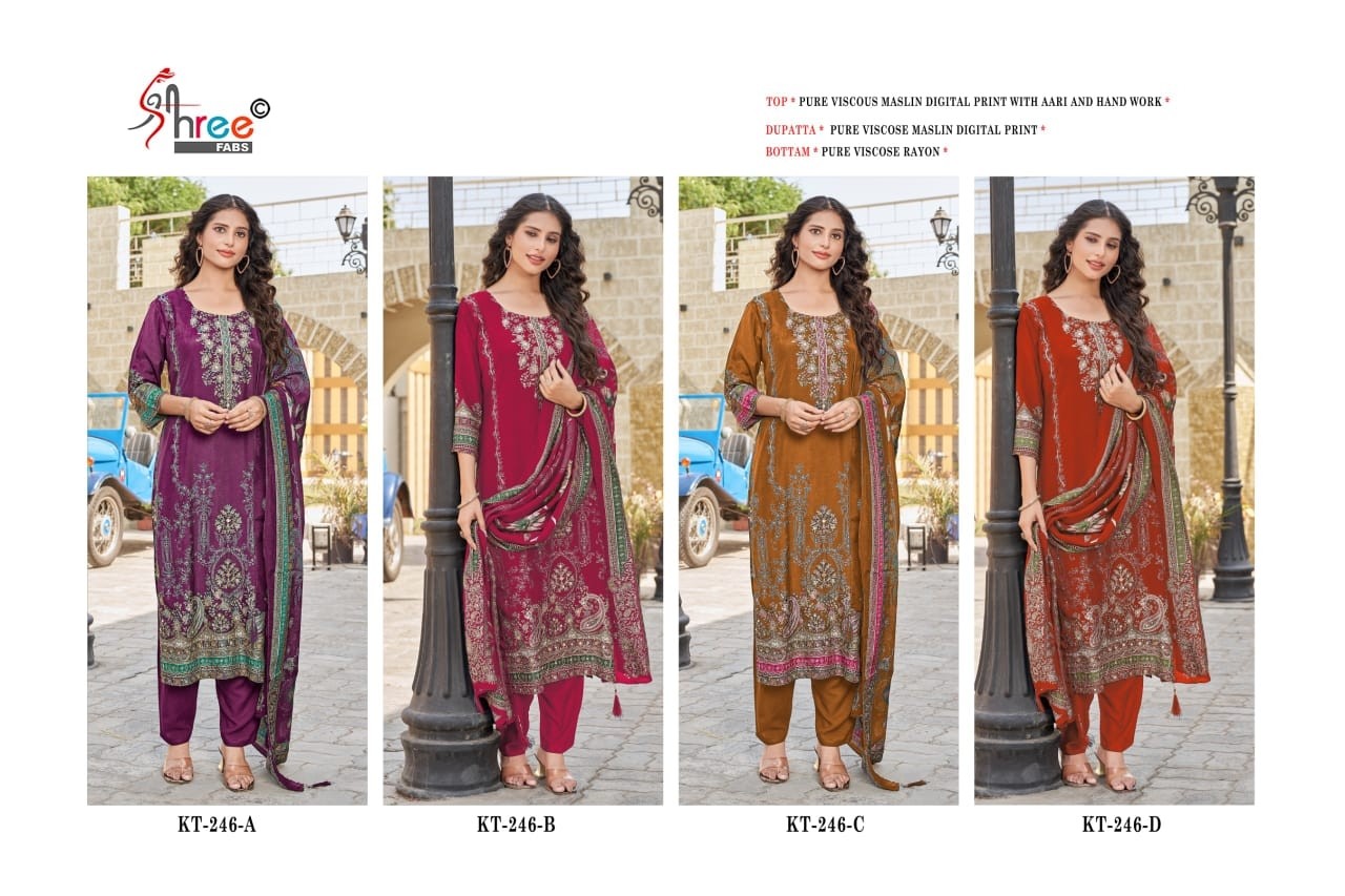 Shop KT-246 Pure Viscose Maslin digital print suit featuring elegant hand work, Pure Viscose Rayon bottom and matching digital print dupatta at ₹1200. Ready to ship.