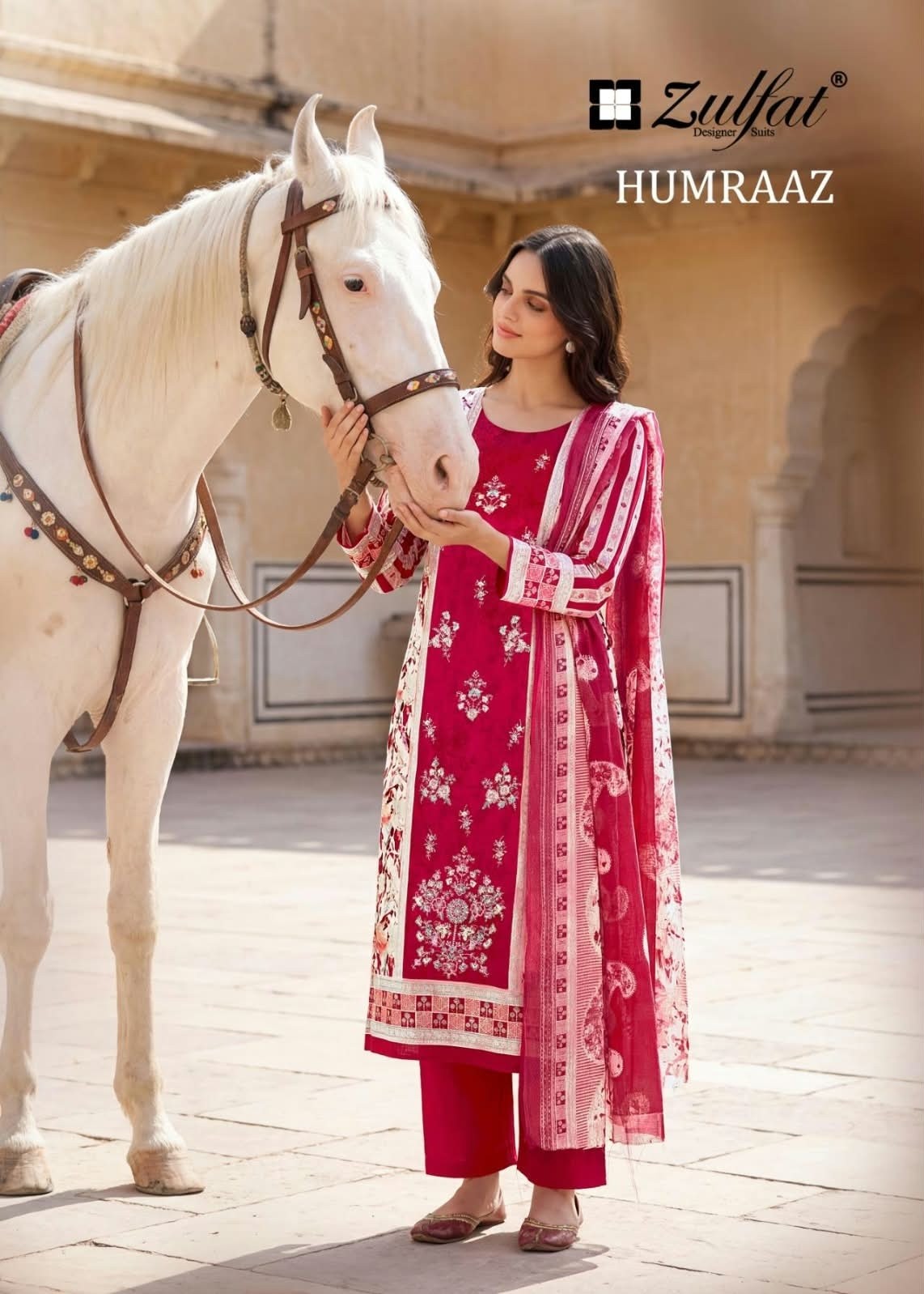 Shop HUMRAAZ by ZULFAT Pure Jam Cotton Suit with heavy full-front self embroidery, Chiffon digital print dupatta and Pure Rayon bottom. 06 PCS collection.