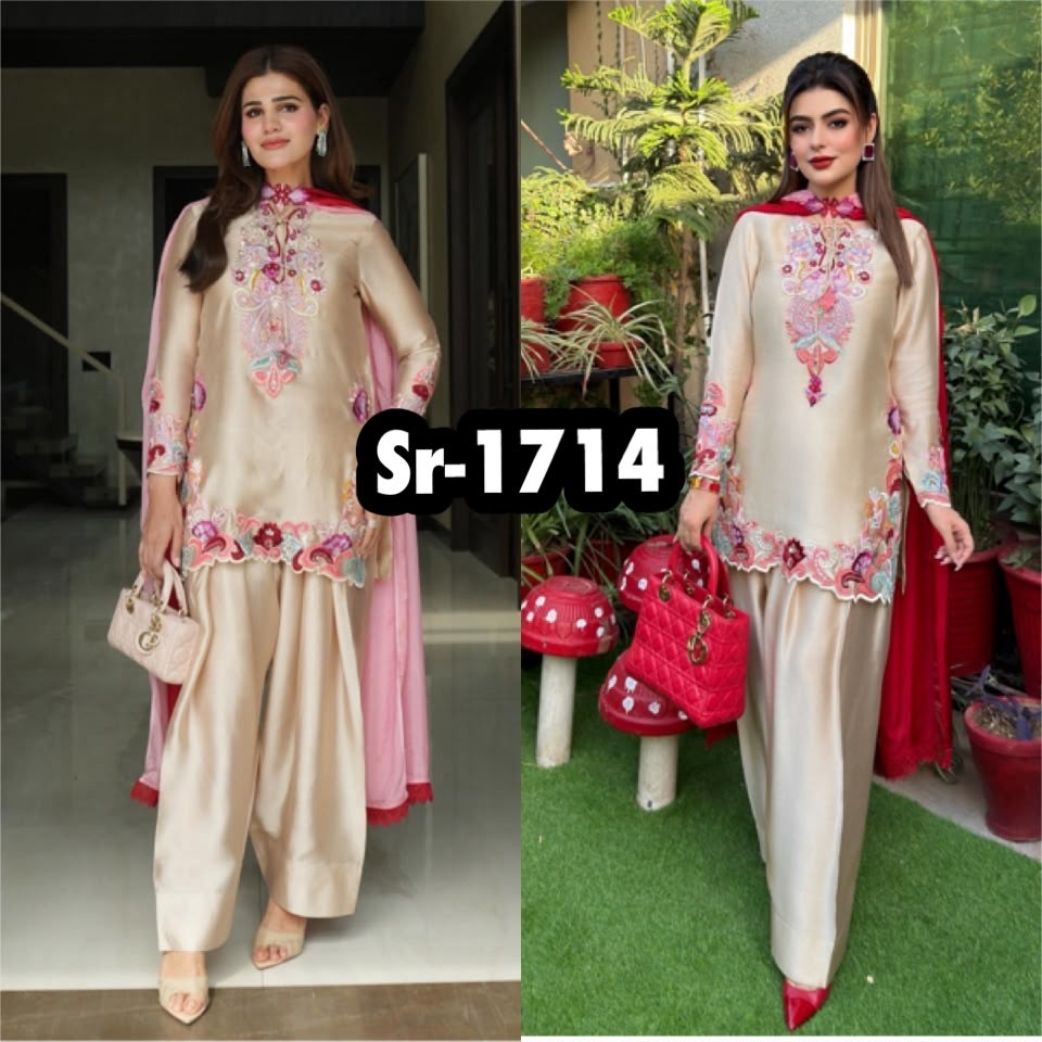 SR-1714 | Natural Satin Embroidered Farshi Suit | Women’s Ethnic Wear