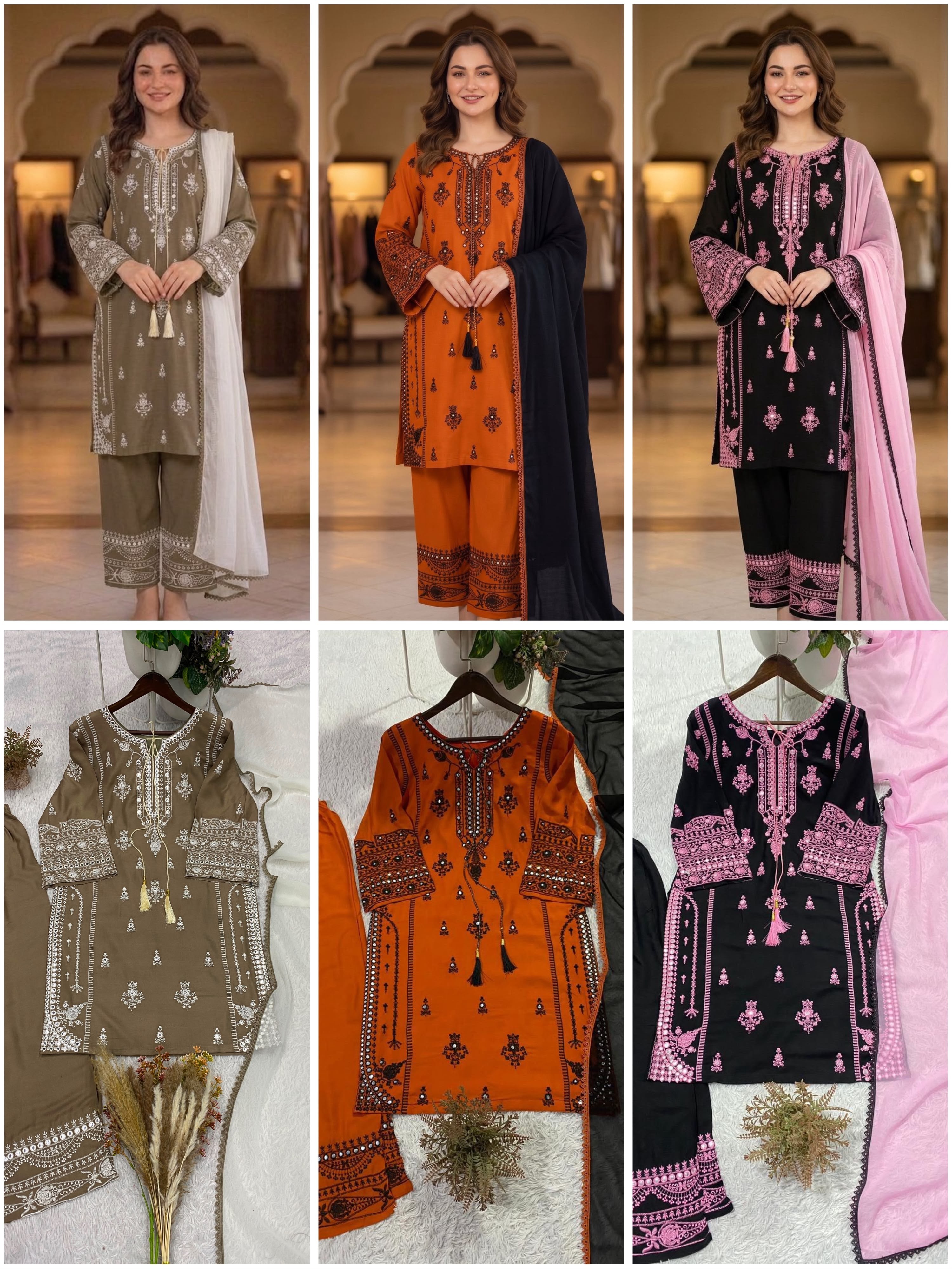 BE-465 | Rayon Embroidered Mirror Effect Palazzo Suit
