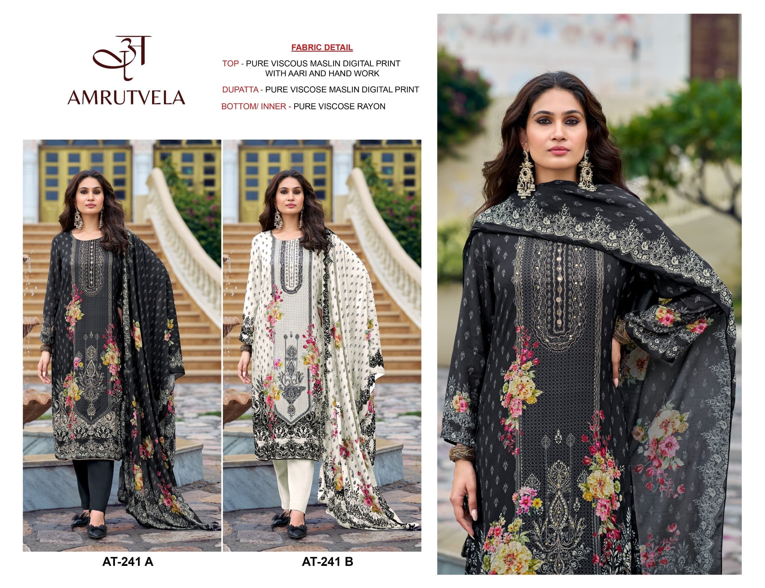 AMRUTVELA | AT-241 AB | Viscose Maslin Aari Hand Work Suit