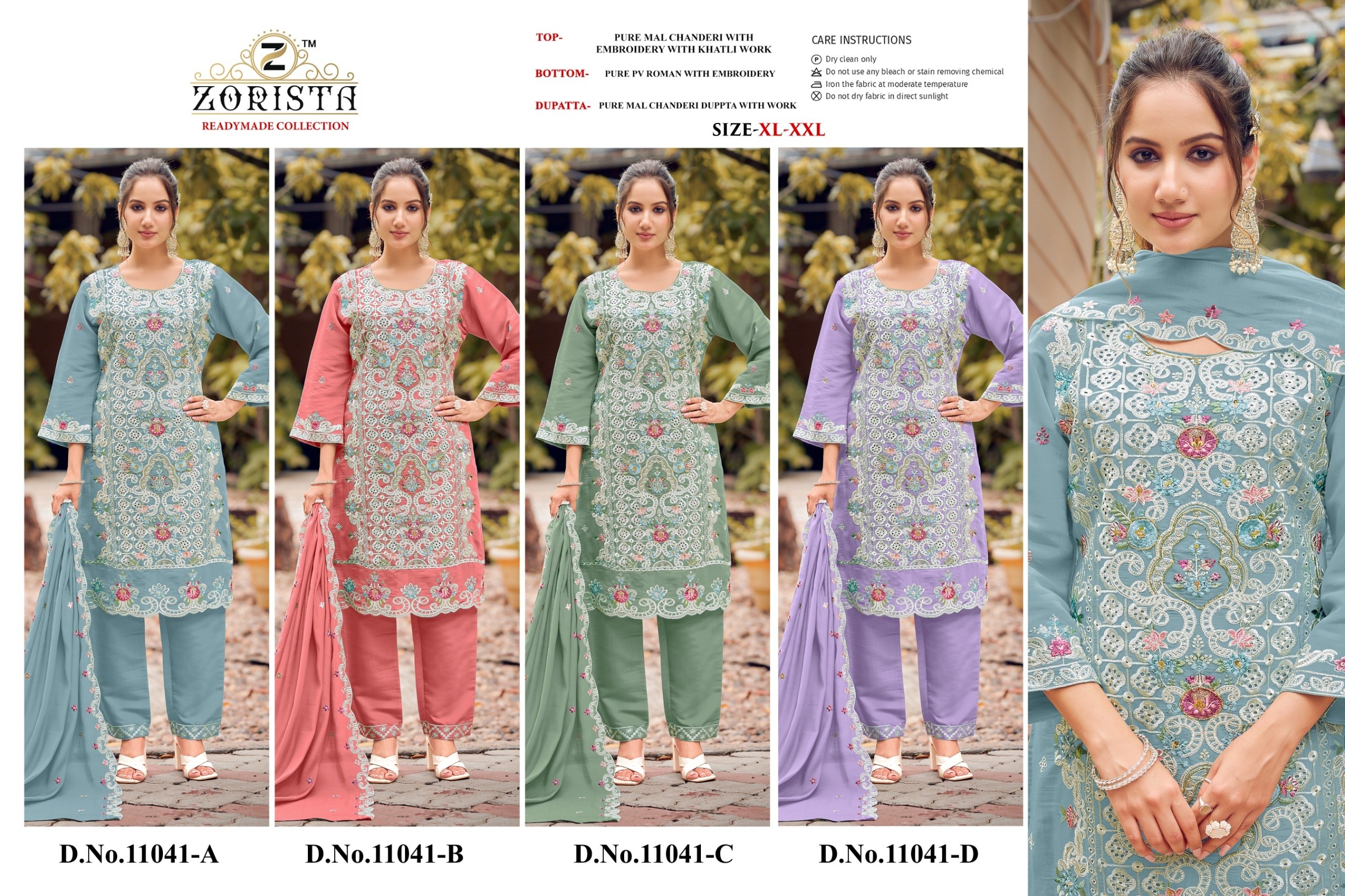 Shop ZORISTA 11041 Pure Mal Chanderi readymade suit with heavy embroidery and Khatli work, Pure Roman bottom and Chanderi dupatta. XL to XXL.