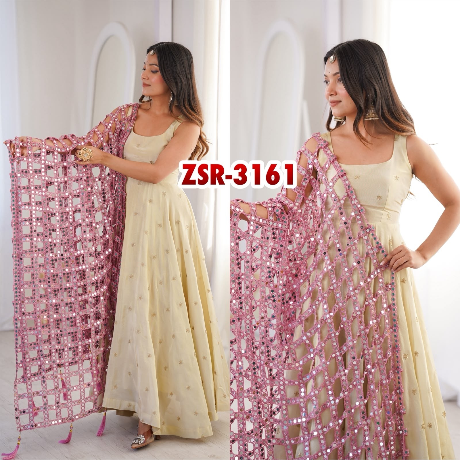ZSR-3161 | Soft Net Real Mirror Work Designer Dupatta