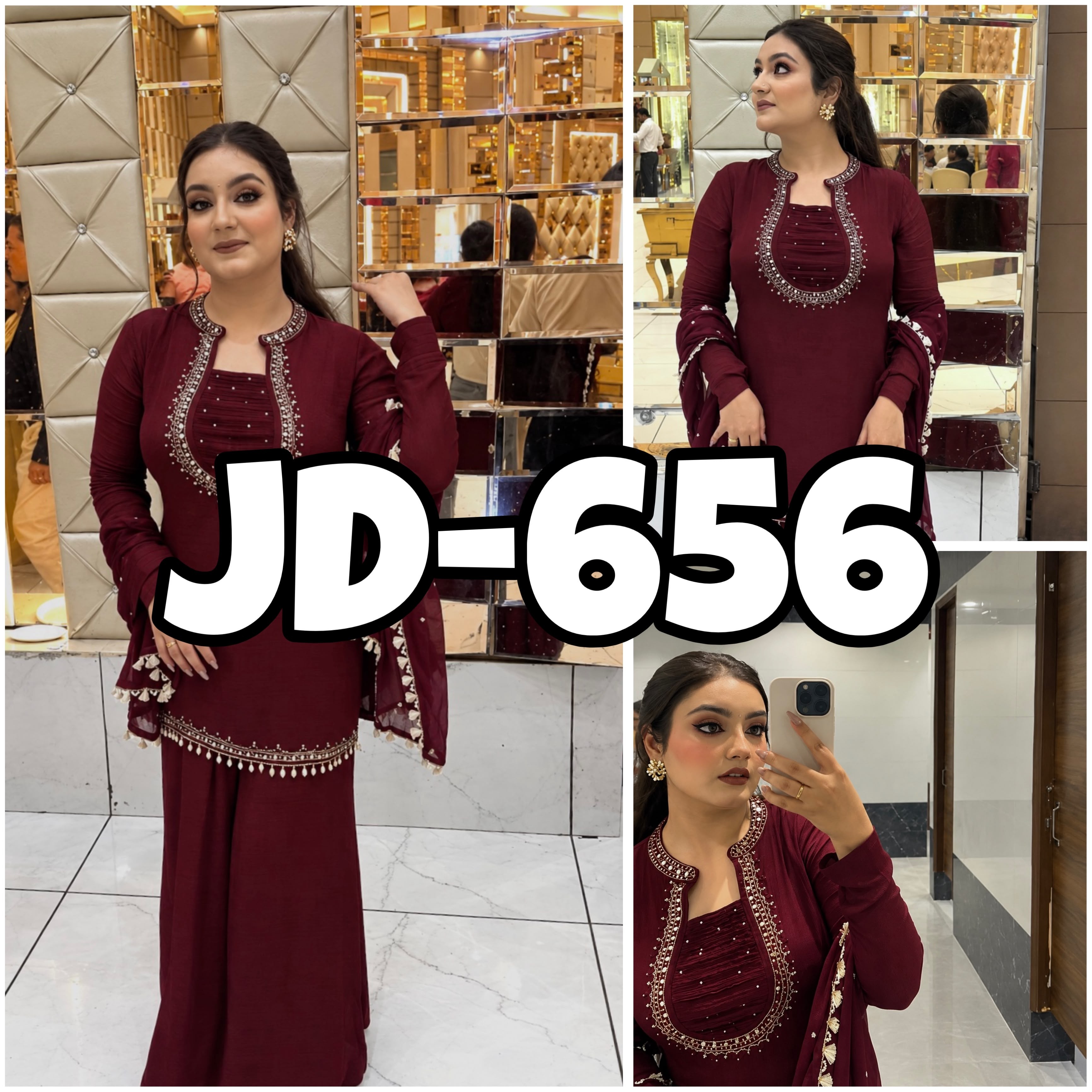 JD-656 | Heavy Faux Georgette Embroidered Kurti Palazzo Set