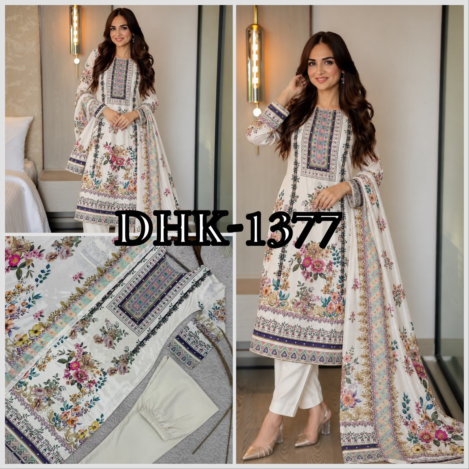 DHK-1377 | Chinon Silk Digital Print Mirror Work Set