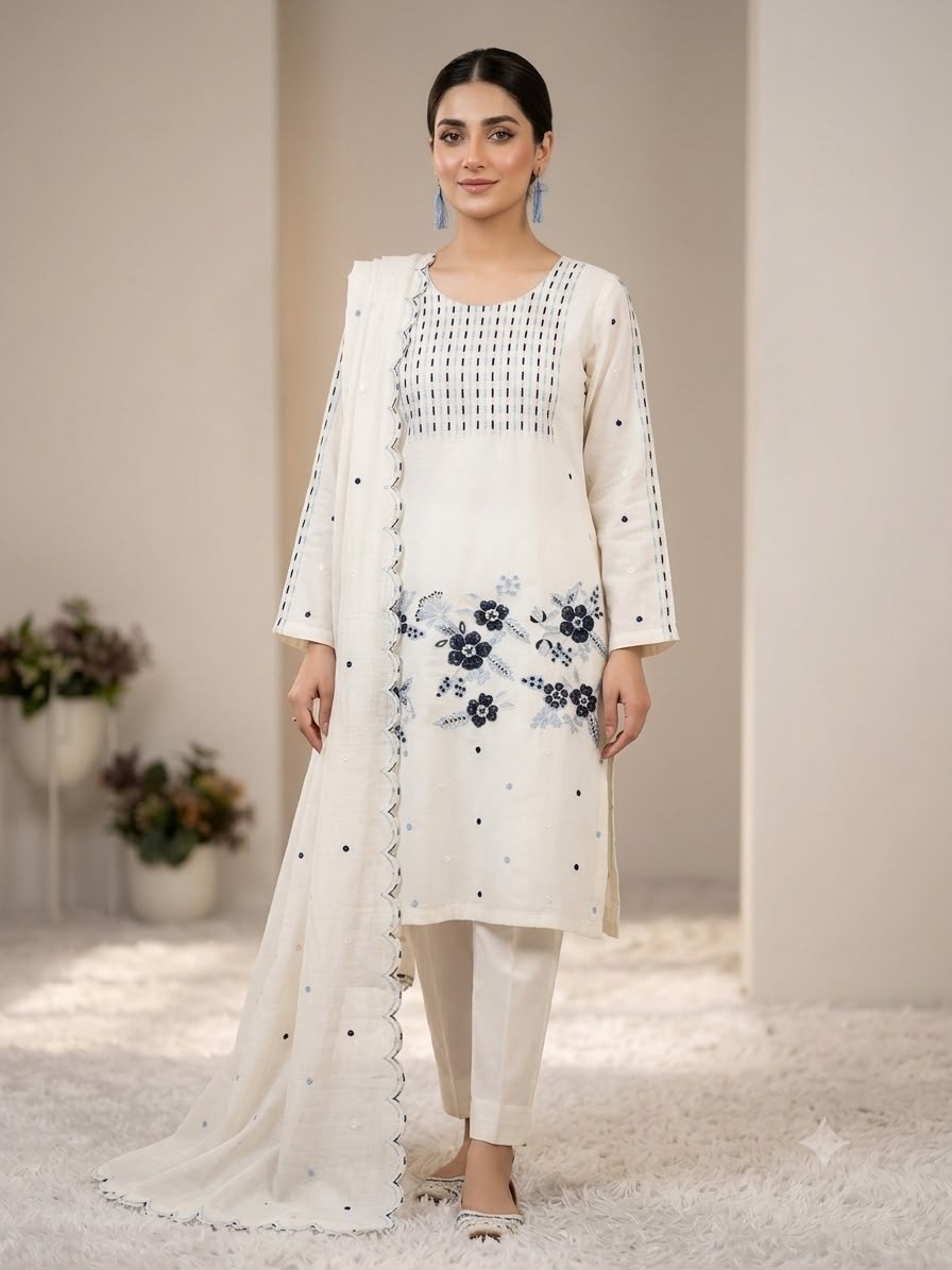 BE-505 | Roman Embroidered Top Pant Dupatta Set