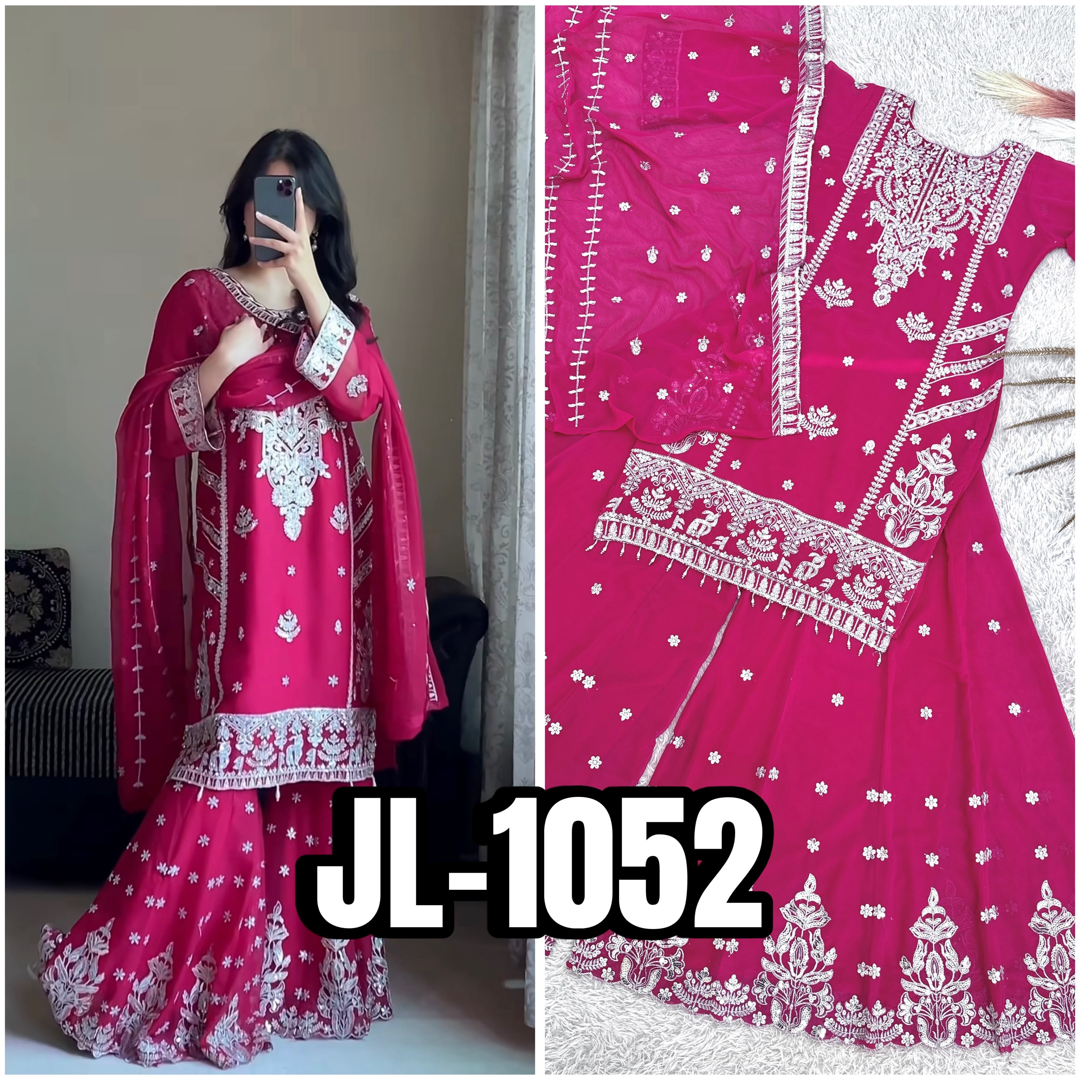 JL-1052 | Blooming Faux Georgette Embroidered Palazzo Set