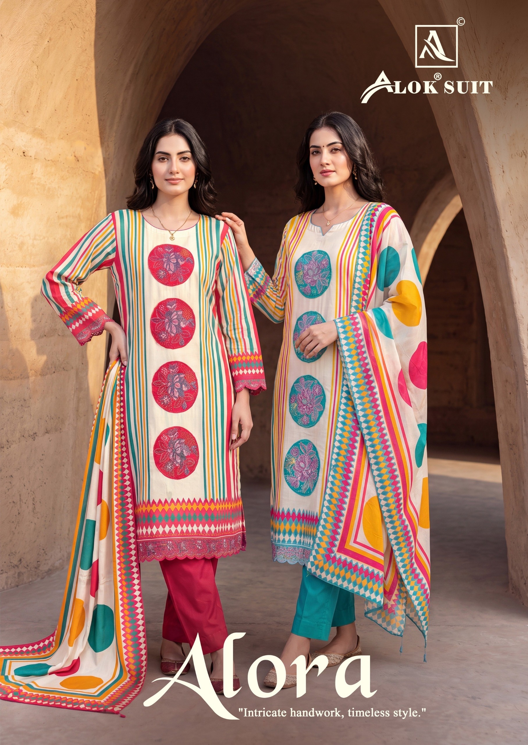 Shop ALORA by ALOK SUIT with Viscose Maslin designer print top, patch work embroidery and hand work, Viscose Rayon bottom and printed dupatta.