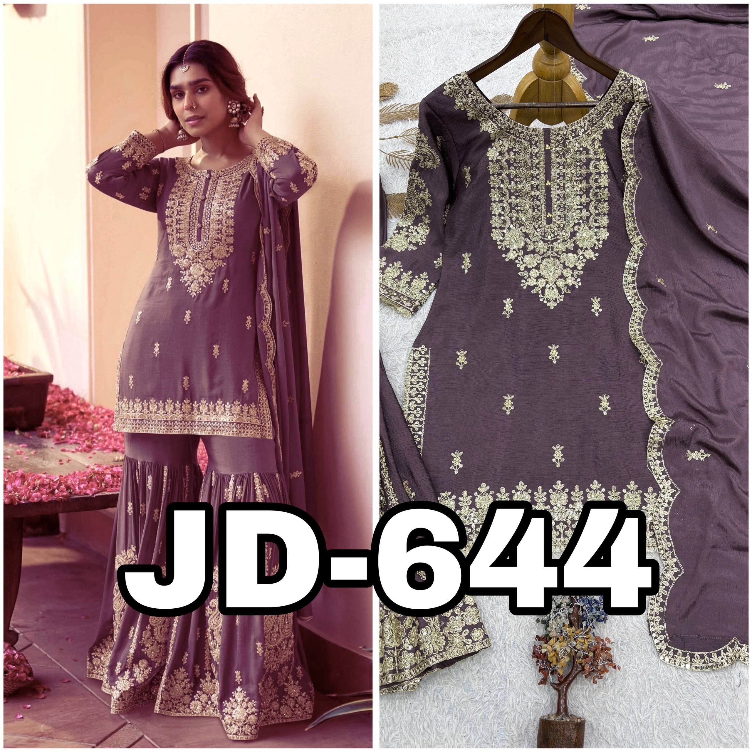 JD-644 | Pure German Chinnon Silk Designer Sharara Collection