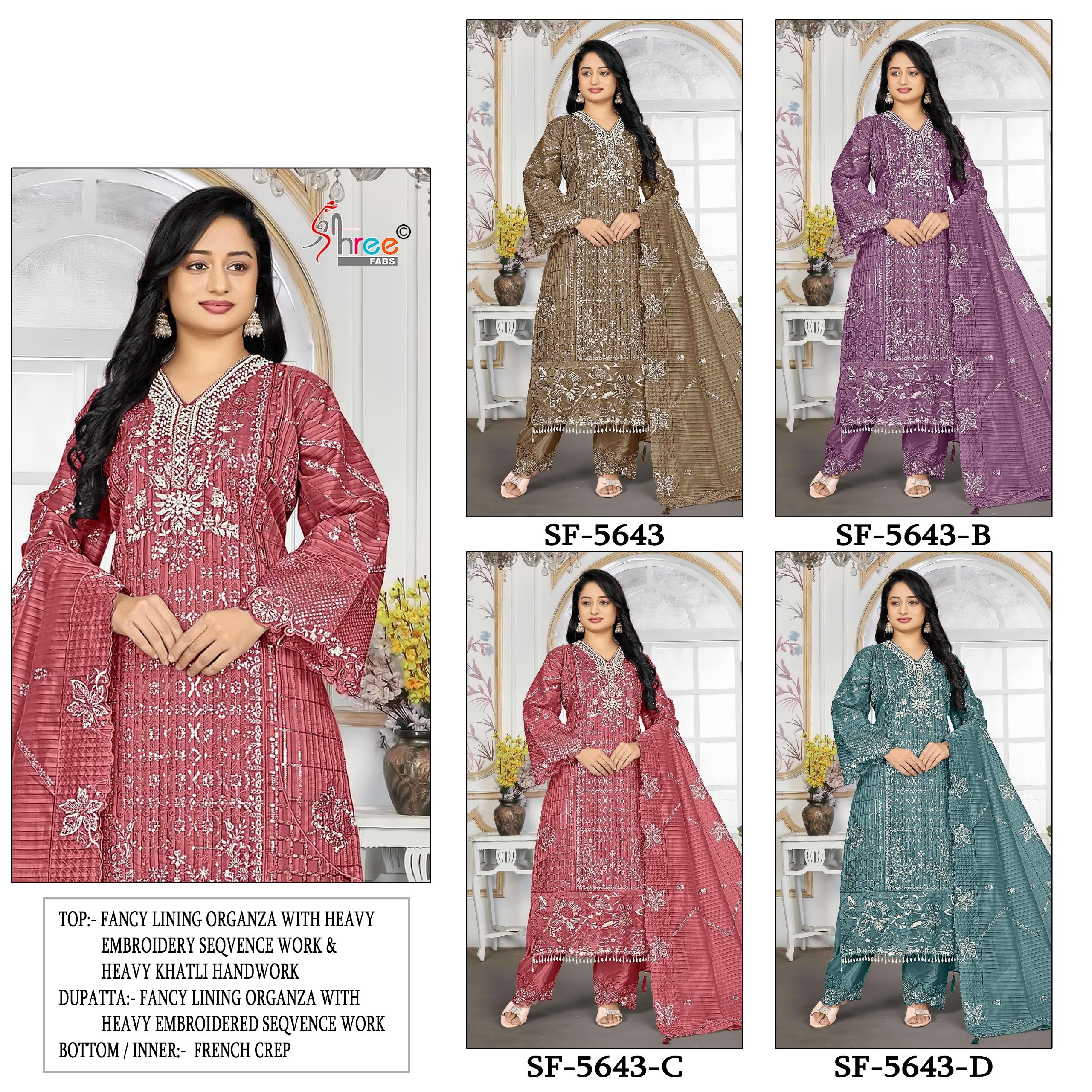 Shop SF-5643 Fancy Lining Organza Suit with heavy embroidery, Hand Khatli, Cut Work and Latkan detailing, French Silk bottom and embroidered dupatta at ₹1,750/-.
