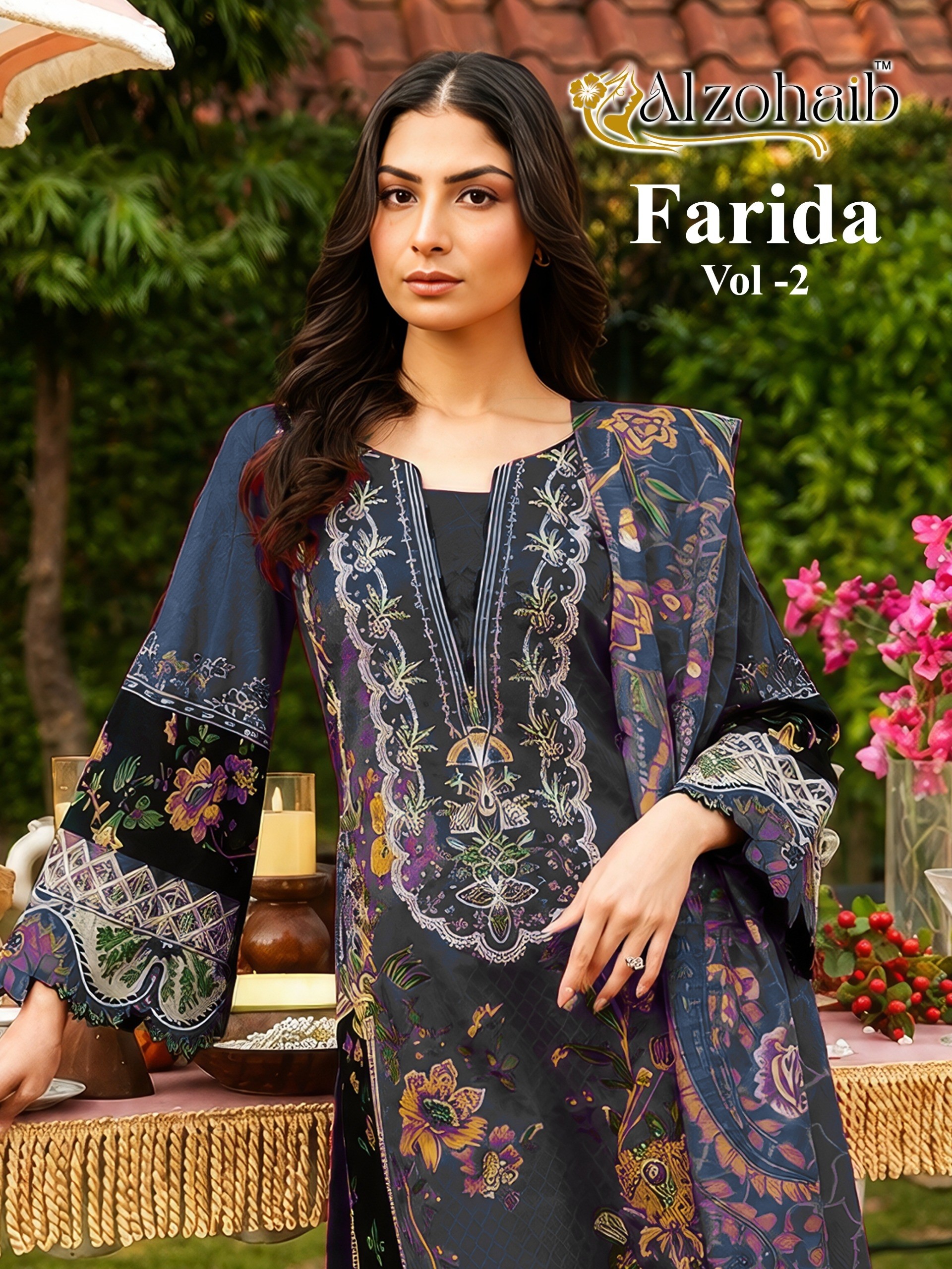 Shop ALZOHAIB Farida Vol-2 Pakistani suit with pure cotton heavy patch work top and Semi Lawn bottom. Chiffon dupatta ₹675 or cotton ₹725.