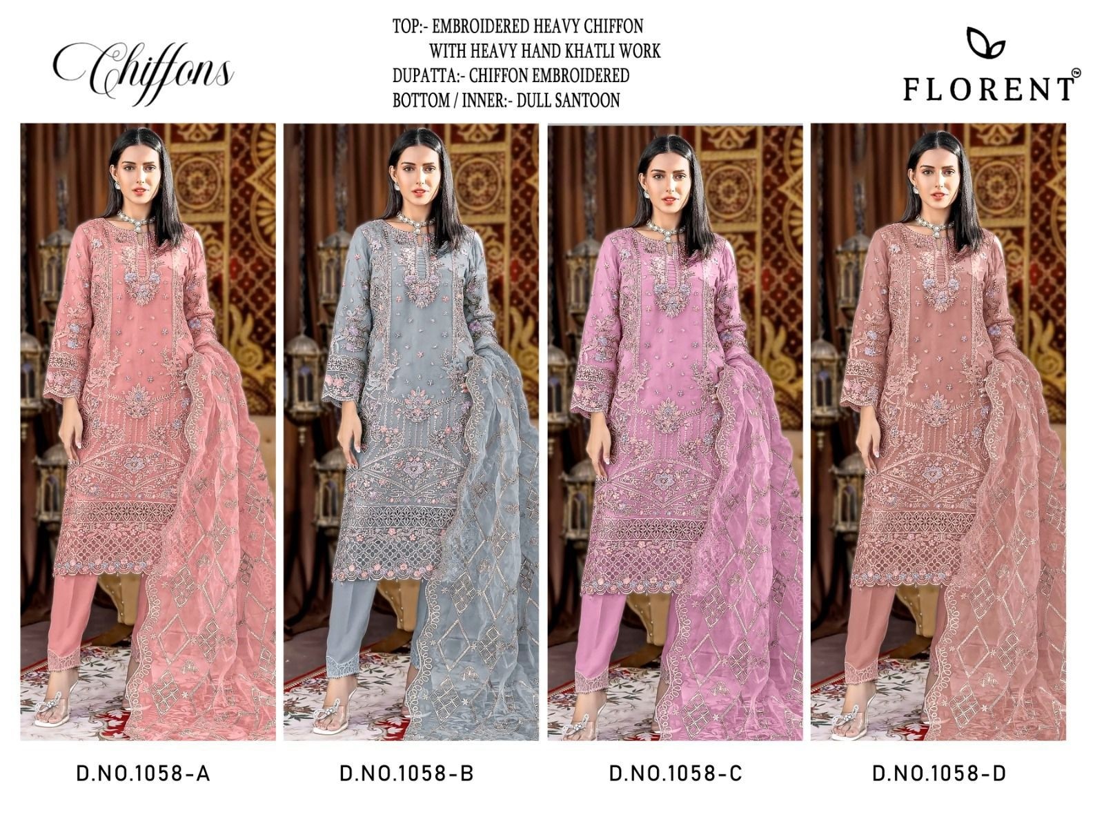Florent Hits Design 1058 ABCD | Heavy Embroidered Chiffon Suit