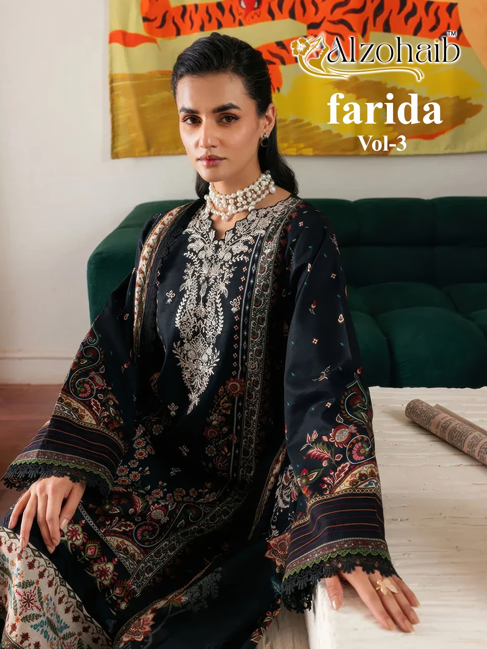 Shop ALZOHAIB Farida Vol 3 Pakistani Concept Suit with pure cotton heavy patch work top, semi lawn bottom and cotton or chiffon dupatta.