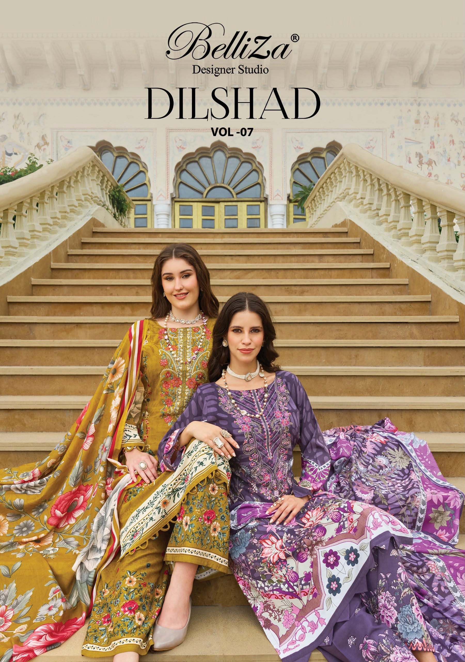 Shop BelliZa DILSHAD Vol 7 with Pure Viscose Rayon digital print top, heavy self embroidery, printed plazo salwar and Mal Mal Cotton dupatta at ₹671.