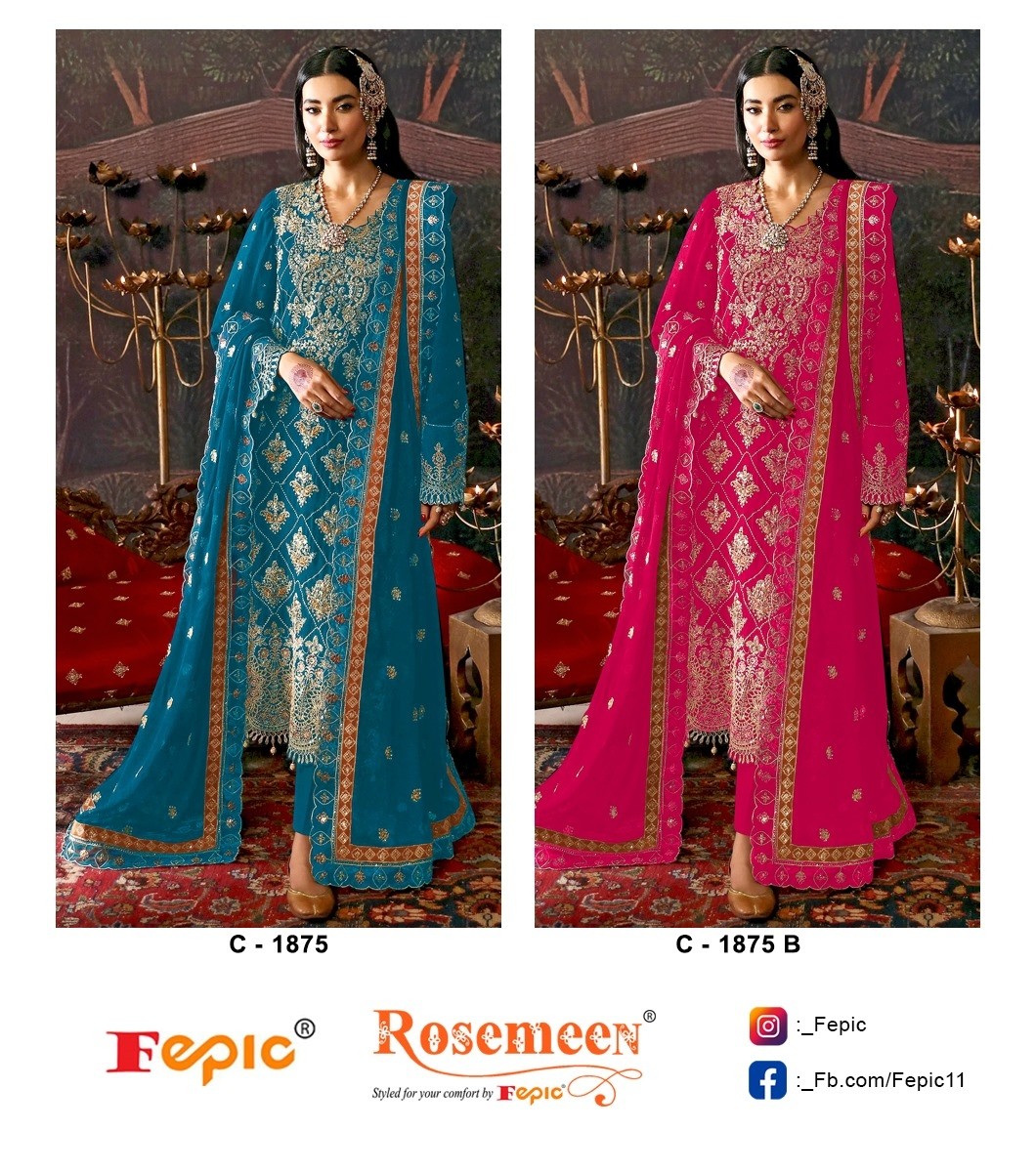 Shop FEPIC ROSEMEEN 1875 unstitched Chinon suit with heavy embroidery and handwork, embroidered Chinon dupatta and heavy Dull Santoon bottom at ₹1,475/-.