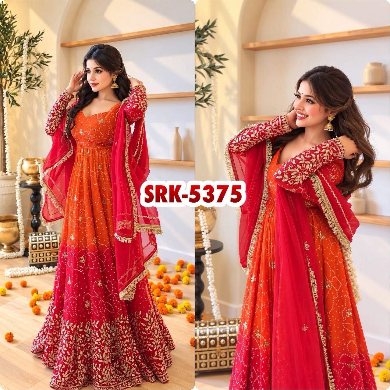 Shop SRK-5375 Faux Georgette suit with embroidery, sequins and digital print top, Heavy Micro Cotton pant and lace-border dupatta at ₹1,449/-.