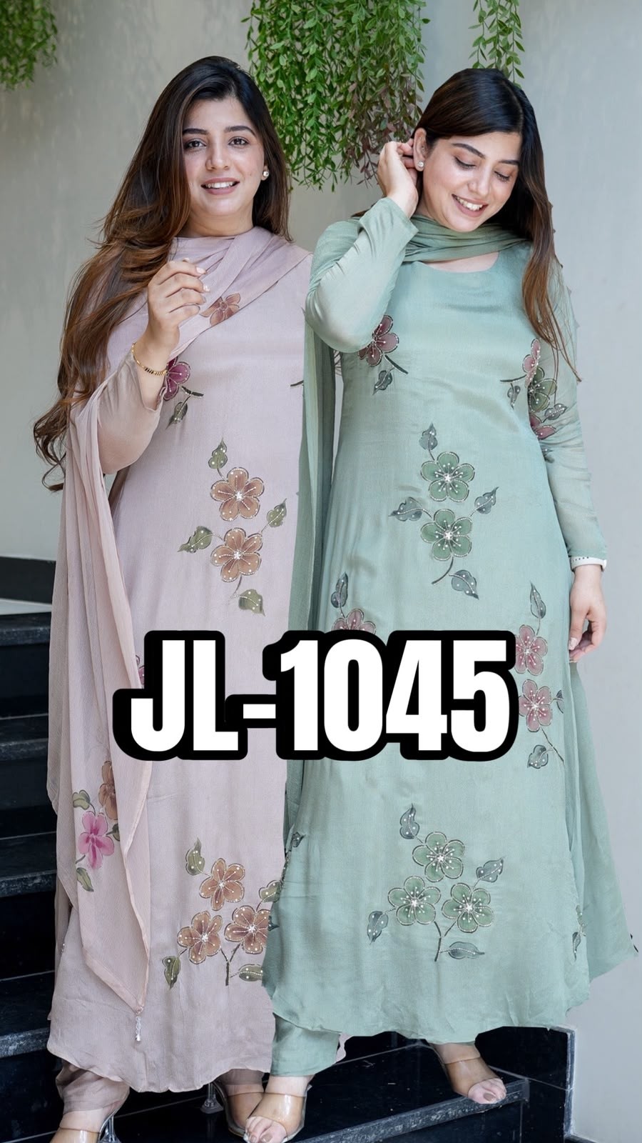 JL-1045 | Pure Chinon Silk Digital Print Diamond Hand Work A-Line Set
