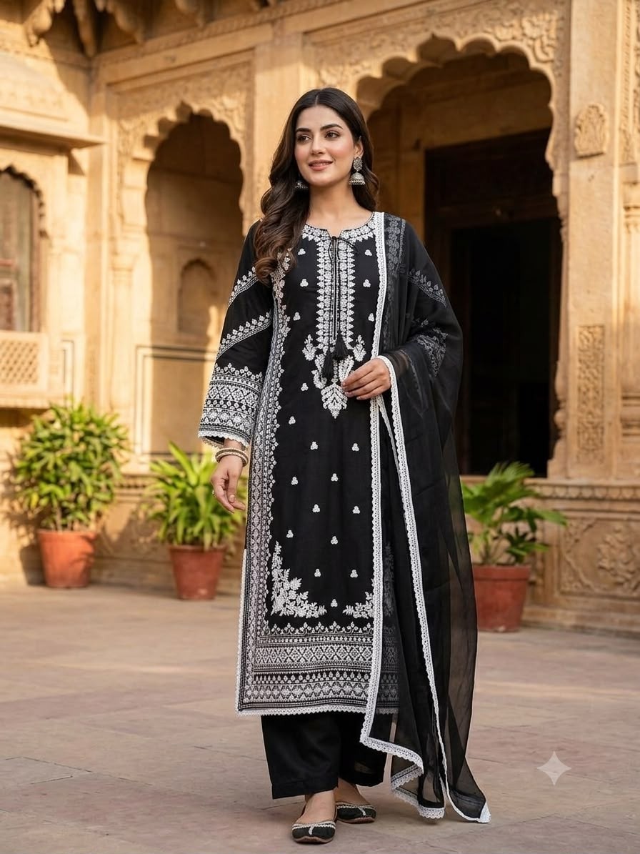 Shop LOOMEERA LM-37 Pakistani three-piece suit with Rayon Satin top and palazzo, Cotton inner and Tebby Soft Organza dupatta at ₹1,449/-.