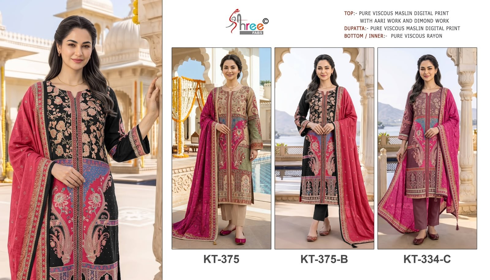 KT-375 COLOR | Pure Viscose Maslin Digital Print Hand Work Suit