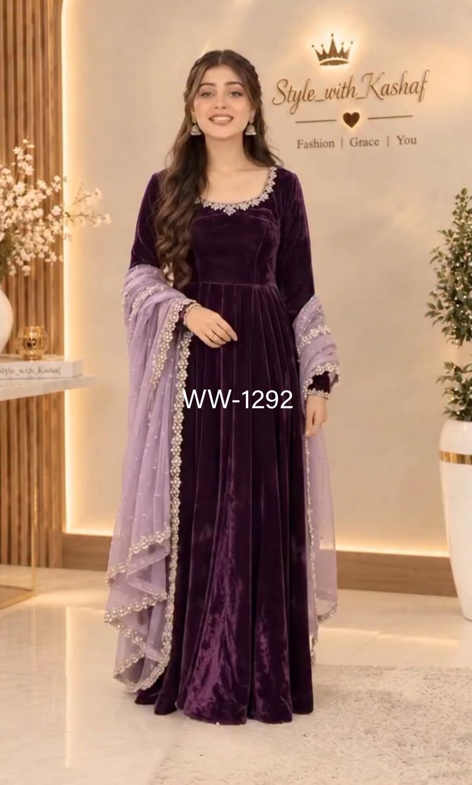 WW-1292 | Pure Viscous Velvet Real Mirror Designer Gown