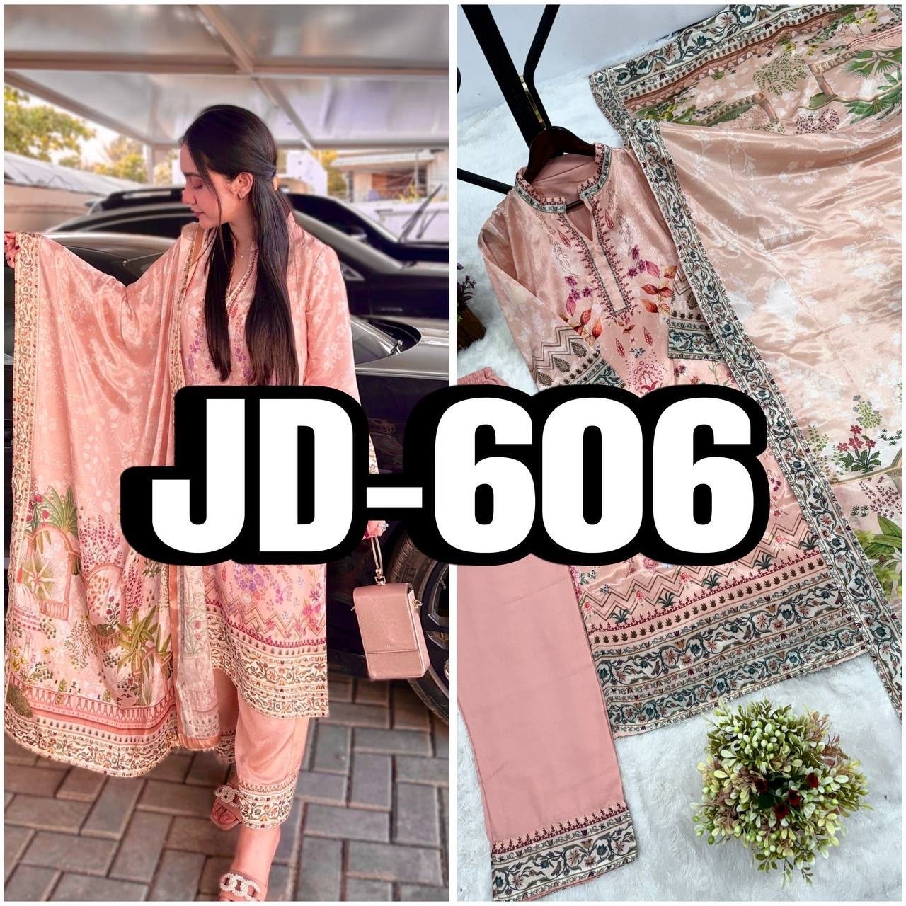 Shop JD-606 Pure Chinon Silk digital print Kurti with collar neck, Butter Silk printed palazzo and matching dupatta at an attractive ₹899/-.
