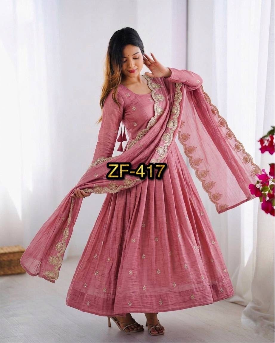 Shop ZF-417 Heavy Gold Crush Silk Anarkali with heavy embroidery sequence work, Heavy Crepe bottom and matching embroidered dupatta at ₹1,249/-.