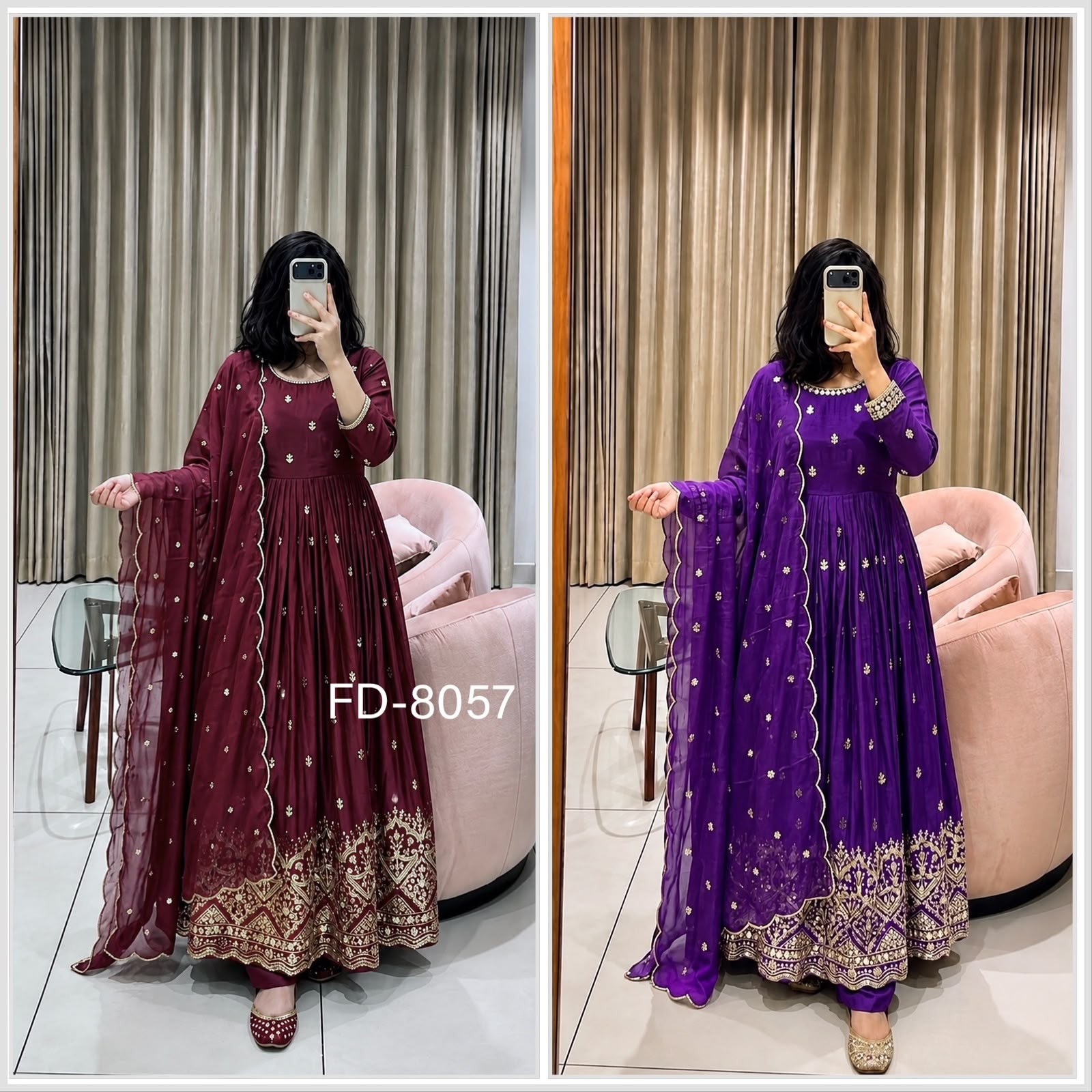 FD-8057 | Pure Chinon Silk 5mm Sequence & Real Mirror Work Gown