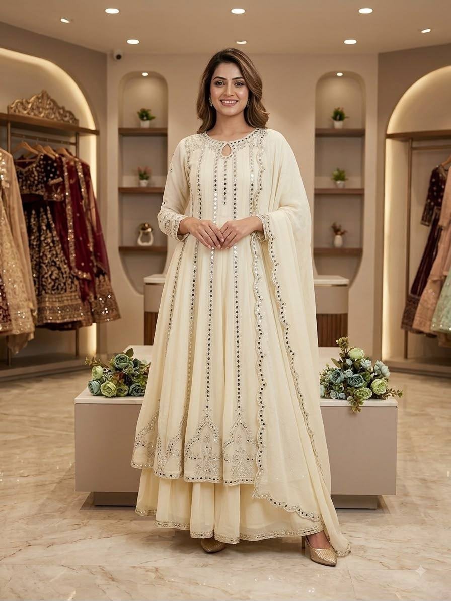 Shop LG-2138 Georgette gown, lehenga and dupatta with sequence embroidery, Real Mirror Work and embroidered lace detailing at ₹1,599/-. Ready to dispatch.