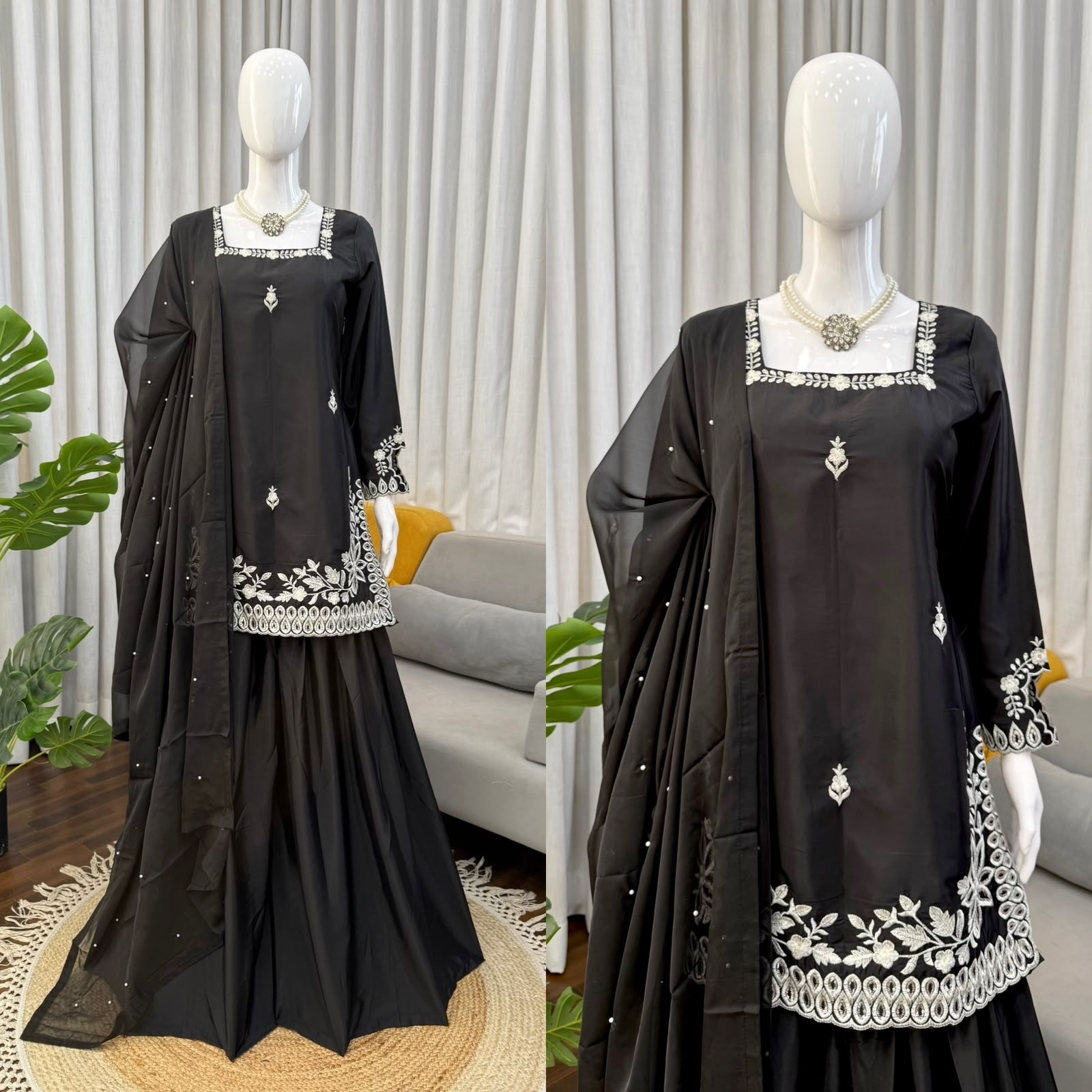 KD-1578 | Heavy Natural Crepe Thread & Sequence Designer Palazzo Set