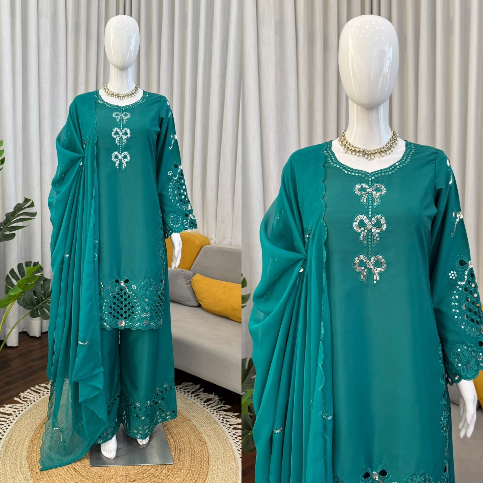 KD-1603 | Natural Crepe Silk Thread Work Designer Palazzo Collection