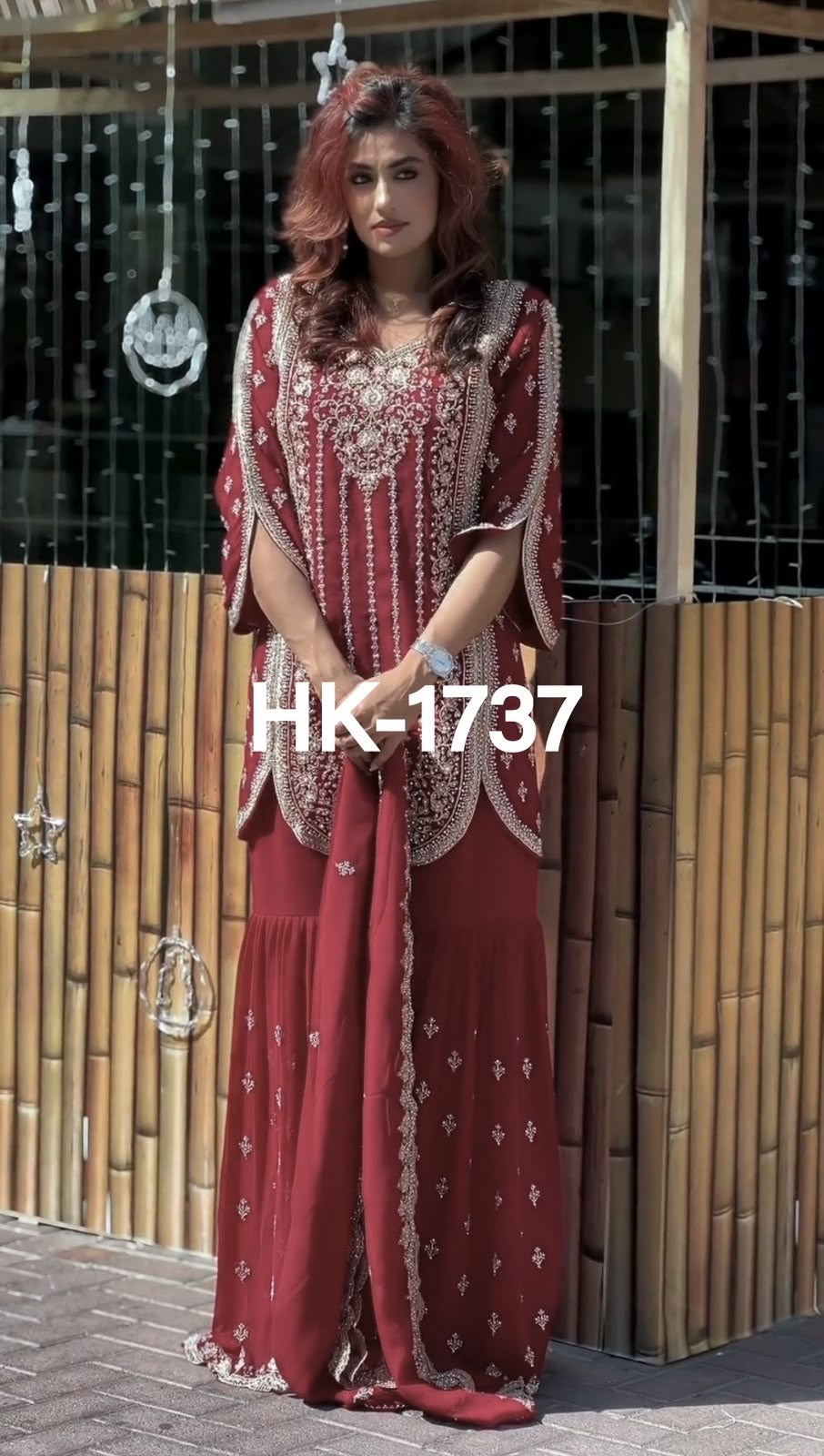 Shop HK-1737 Heavy Star Georgette sharara suit with front embroidery, sequence and cut work, matching sharara and dupatta. Fully stitched, sizes M–XXL, ₹1,349.