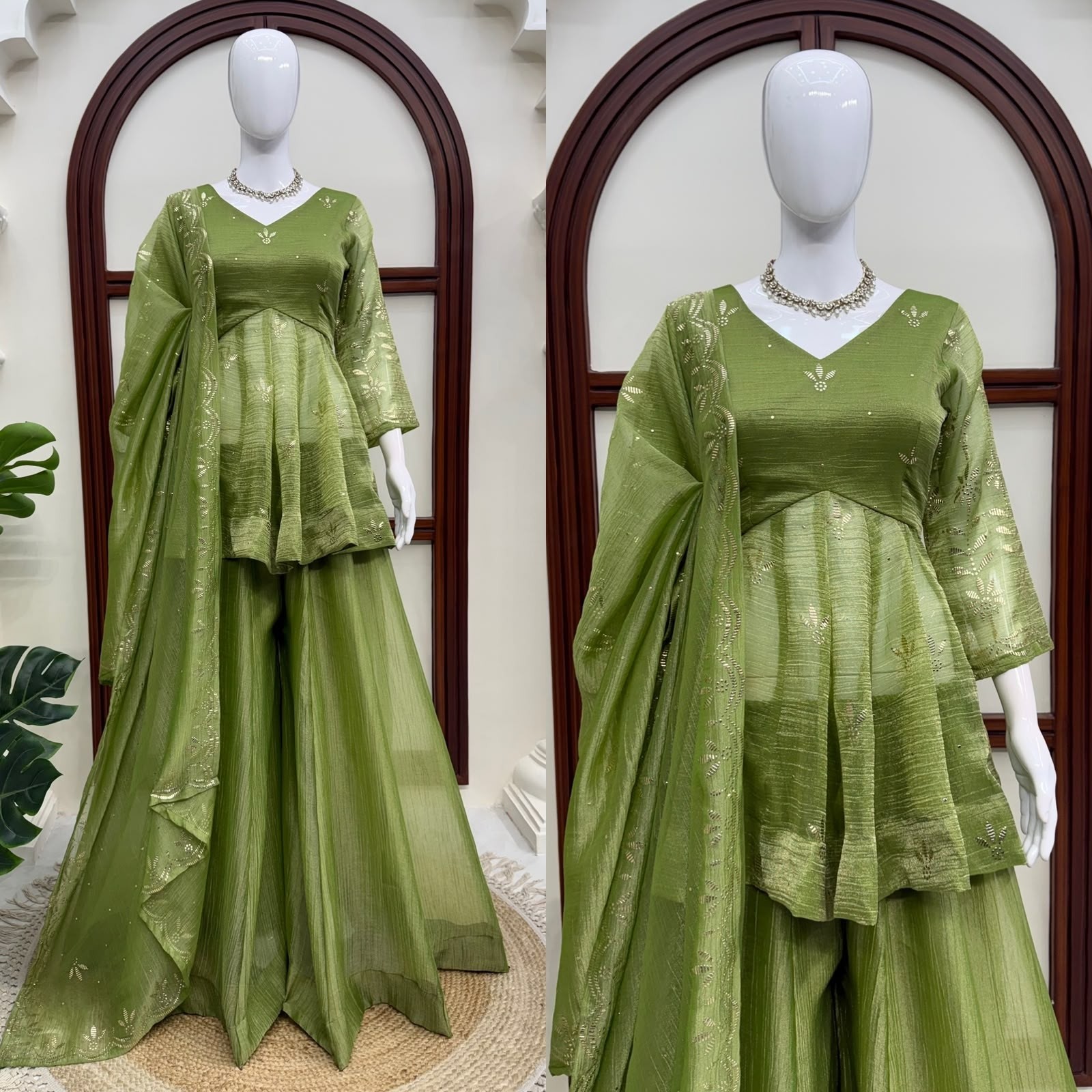 Shop 5000 Series 6084 Salsa Silk palazzo suit with Mukesh work top, stitched elastic-waist palazzo and four-side border dupatta. ₹1,499. Ready to ship.