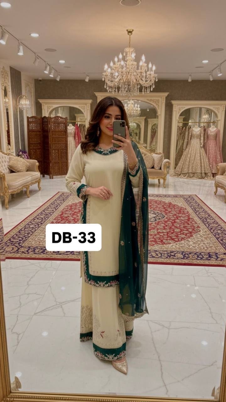 DB-33 | Heavy Faux Georgette Embroidery Sequence & Rivet Moti Palazzo Collection