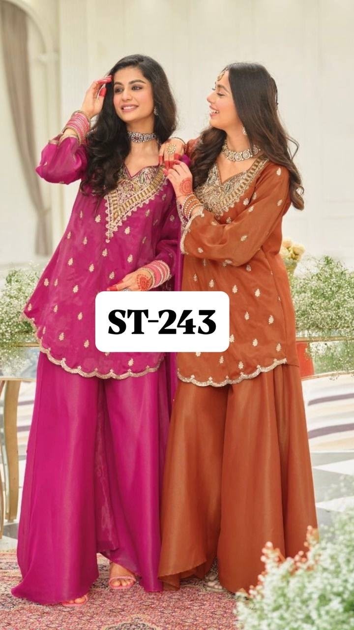 ST-243 | Heavy Natural Silk Embroidery Chine Sequence Sharara Collection