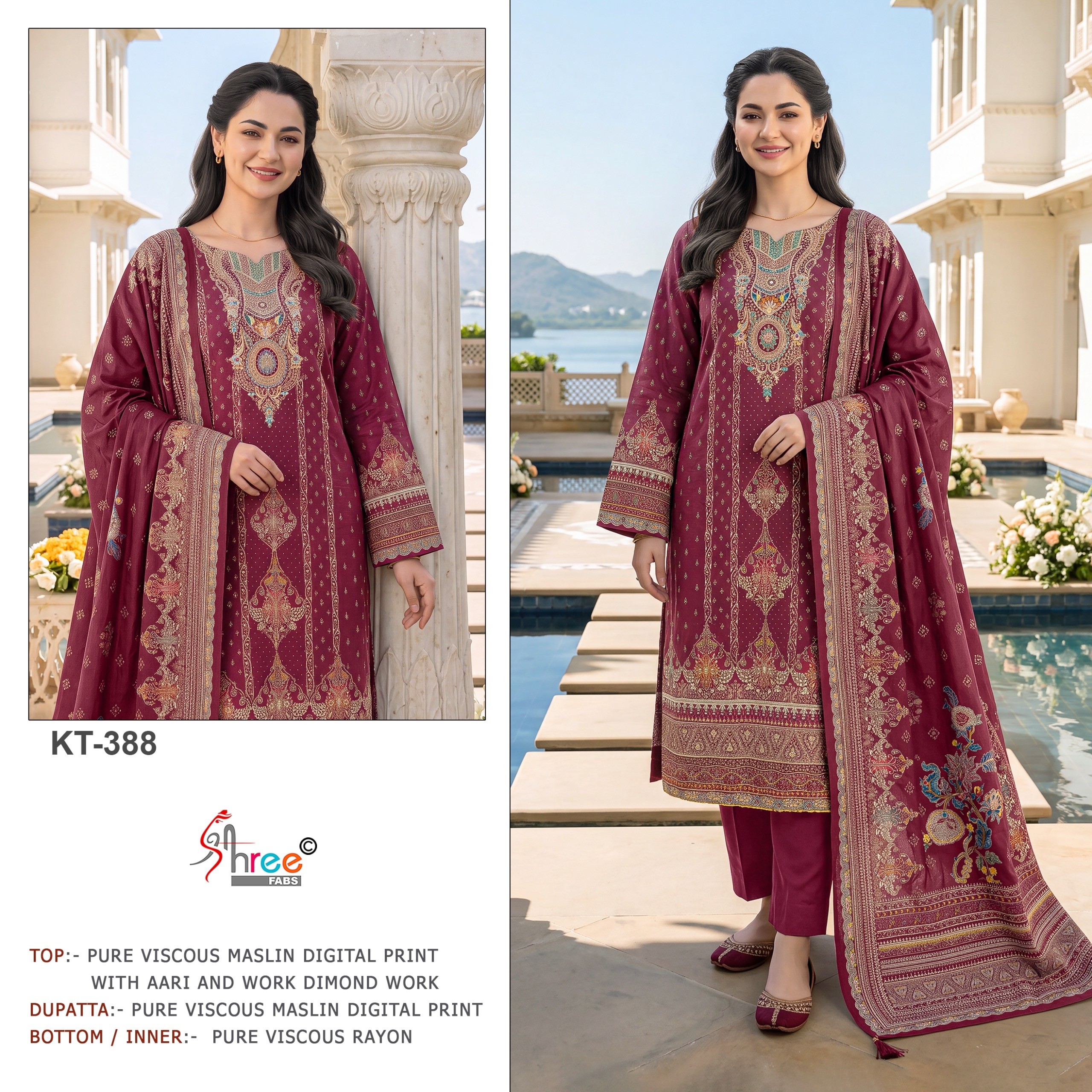 KT-388 | Pure Viscose Maslin Digital Print Hand Work Designer Collection
