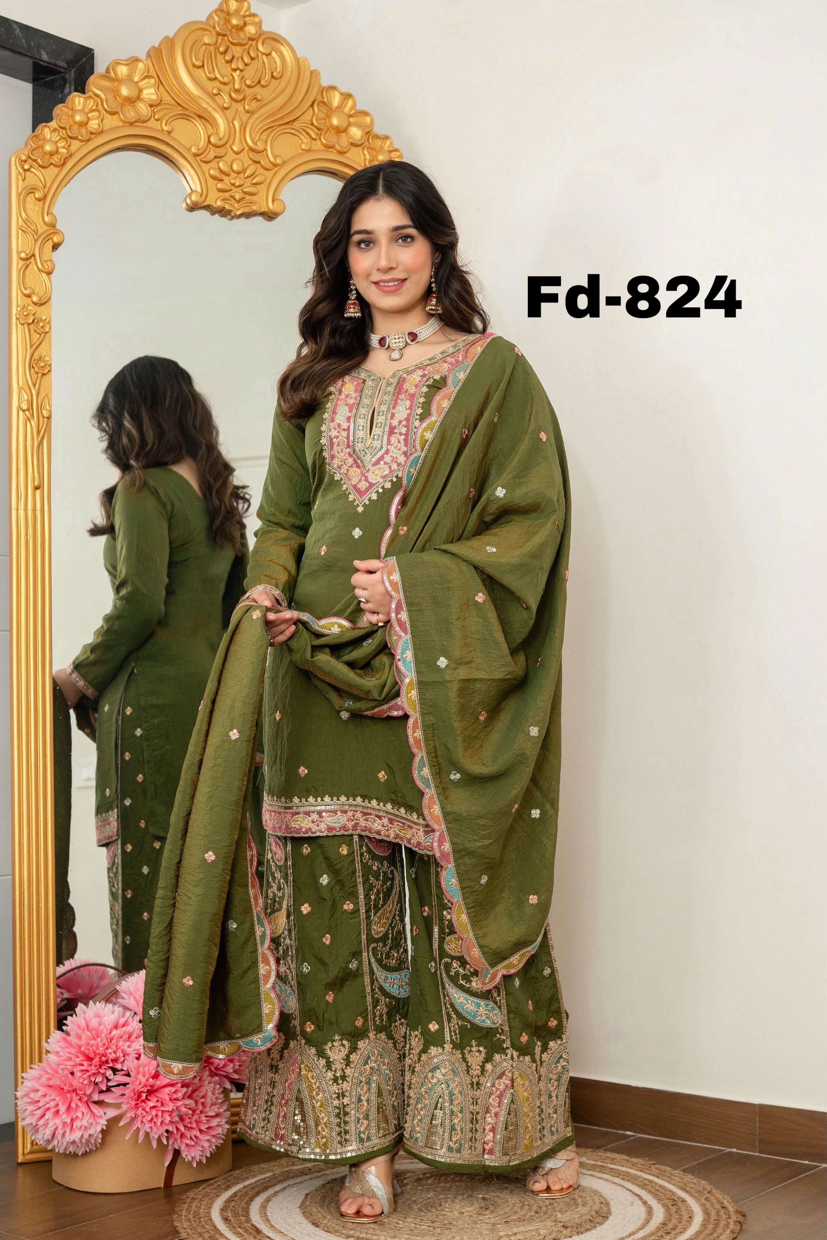 FD-824 | NC Vichitra Multi-Thread Embroidery Sequin Work | Designer Sharara Collection