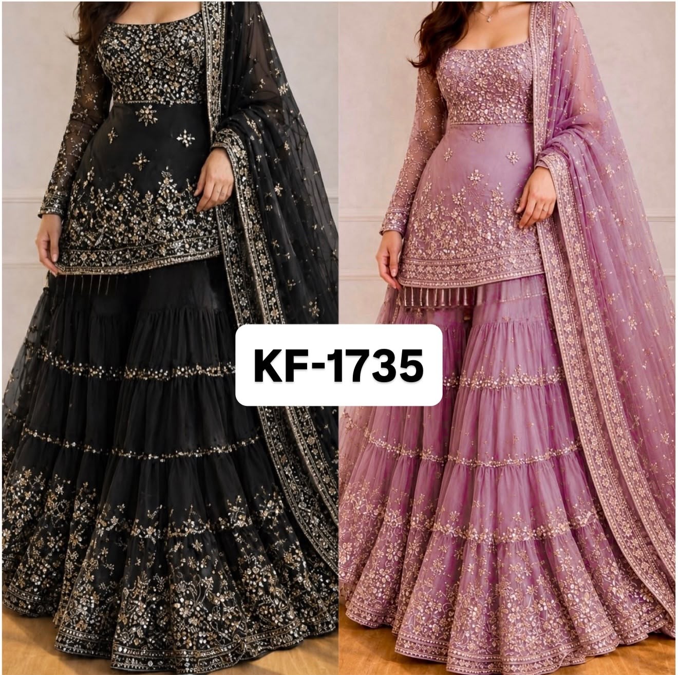 KF-1735 | Heavy Faux Georgette Embroidered Top Sharara Dupatta Set | M-XXL