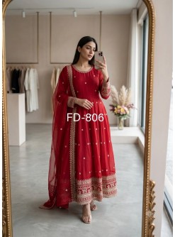 Party wear and wedding Pure Fendy Silk Embroidered Gown Pant Dupatta Set - FD 806