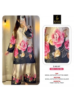 Khas D.No - 80-81-82-83-84-85-86-87 New Designer Modal Satin 3 Piece Suit with Farshi Salwar Pakistani Readymade Suit Set to Set Wholesale Price 