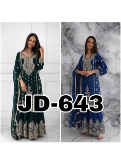 JD-643 Premium Embroidered Chinnon Silk Pakistani Sharara Suit Set Single Wholesale Price 