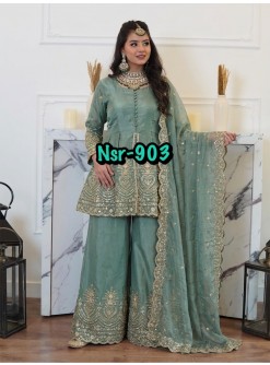 NSR-903 Premium Fendy Silk Embroidered Mirror Work Plazzo Pakistani Suit Single Wholesale Price 
