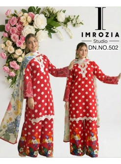 D.No 502 Imrozia Studio Imported Satin Polka Dot Ready-Made Pakistani Suit Set Single Wholesale Price 